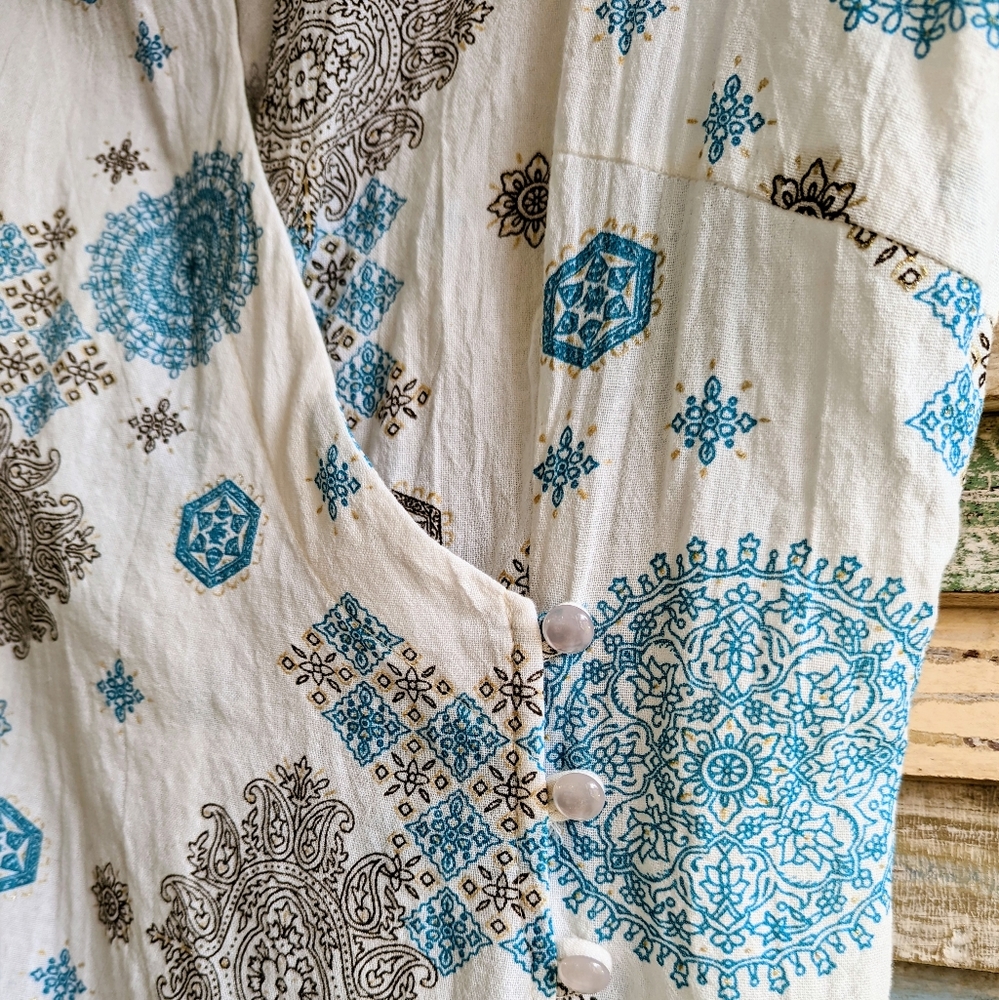 Vintage Linen Wrap Tunic Shirt Sleeveless Top White Turquoise Brown Print Medium - Picture 4 of 5